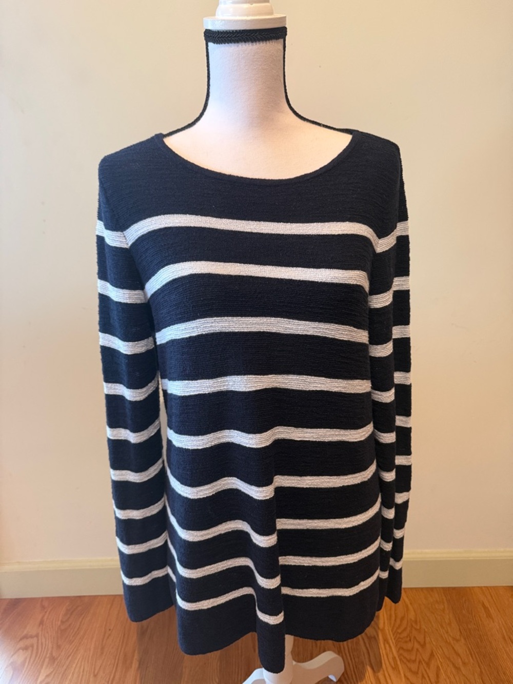 J. Jill Navy and White Striped Knit Scoop Neck Sweater